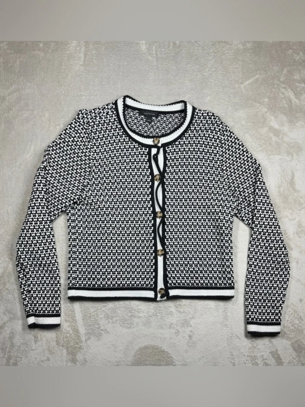 Ann Taylor Black and White Textured Knit Cardigan - Picture 2 of 13
